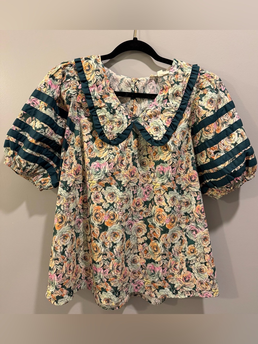 Entro Floral Puff Sleeve Low Collar V-Neck Colorful Blouse Hunter Green L - Picture 6 of 9